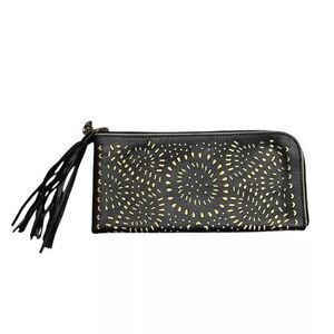 *NWOT BALI BLISS COLLECTIONS Leather Wallet Clutch Lasercut Black Gold Tassle